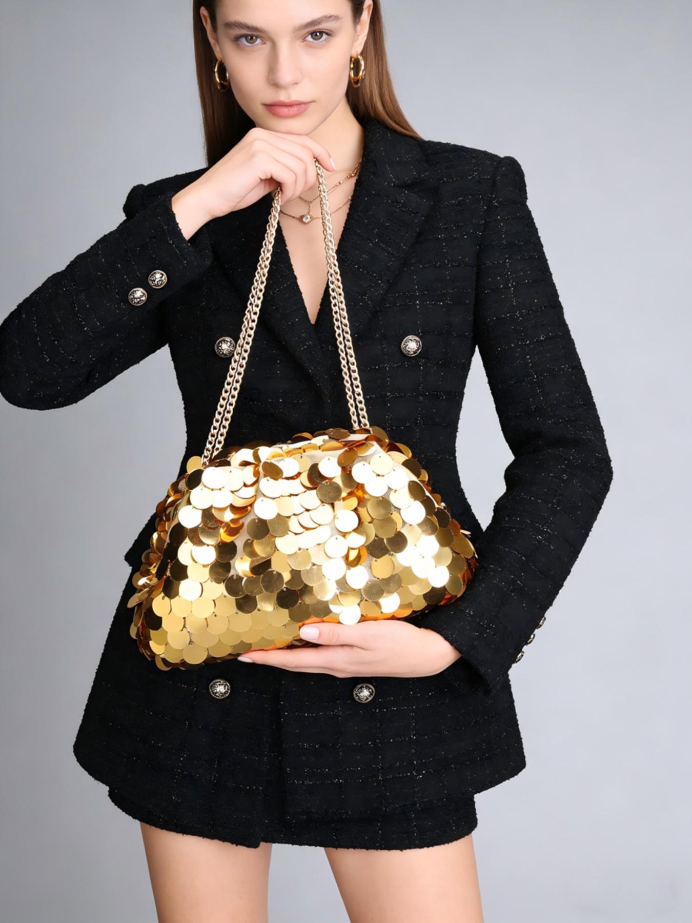 Sequined Chain Bag, Luxurious Party Style, Shiny Metal Disc Details, Perfect for Evening Parties/date/nightclub, Trendy Girl Accessory