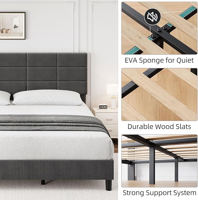Bed Frame with Headboard Upholstered Full Platform Bed Frame with Solid Wooden Slats Support No Box Spring Needed,Noise-Free