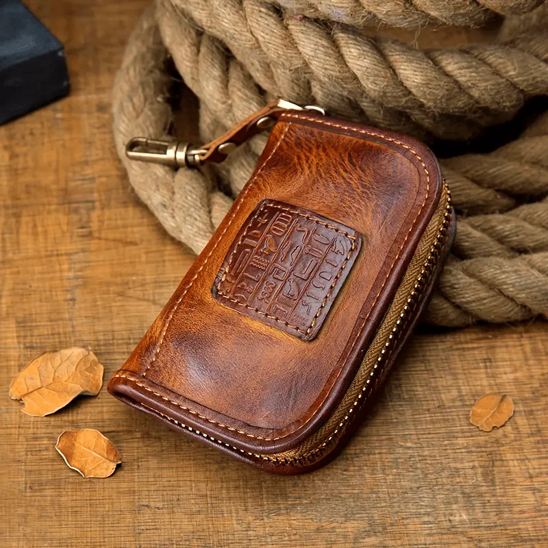 Vintage Vegetable Tanned Top Grain Leather Men's Key Pouch,Handmade Distressed Genuine Leather Card Holder Wallet