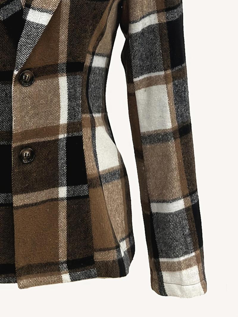 Women's Plaid Print Button Front Lapel Neck Coat, Casual Long Sleeve Outerwear for Fall & Winter, Ladies Clothes for Daily Wear, Jackets