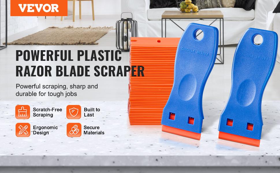 VEVOR Plastic Razor Blade Scraper, 2PCS Scraper Tool, 120PCS Plastic Blades, Cleaning Scraper Remover for Stickers, Decals, Adhesive, Labels, Paint from Glass, Car, Window, Caulk, No Scratches, Blue
