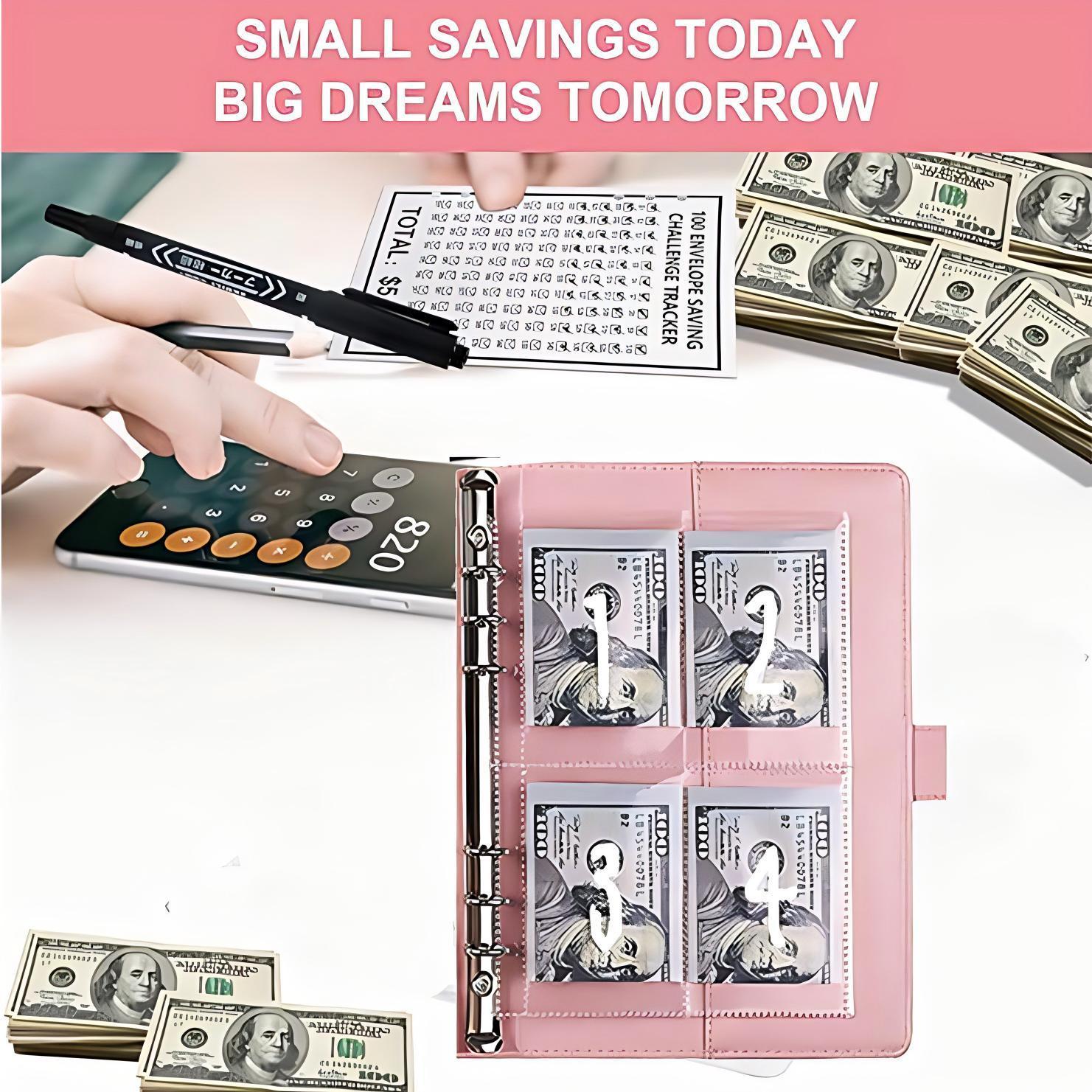 A5 Budget Binder Book with 100 Envelope Savings Tracker, Numbered Cash Envelopes for 100-Days $5,050 Saving Challenge, Pink Office Stationery Financial Organizer