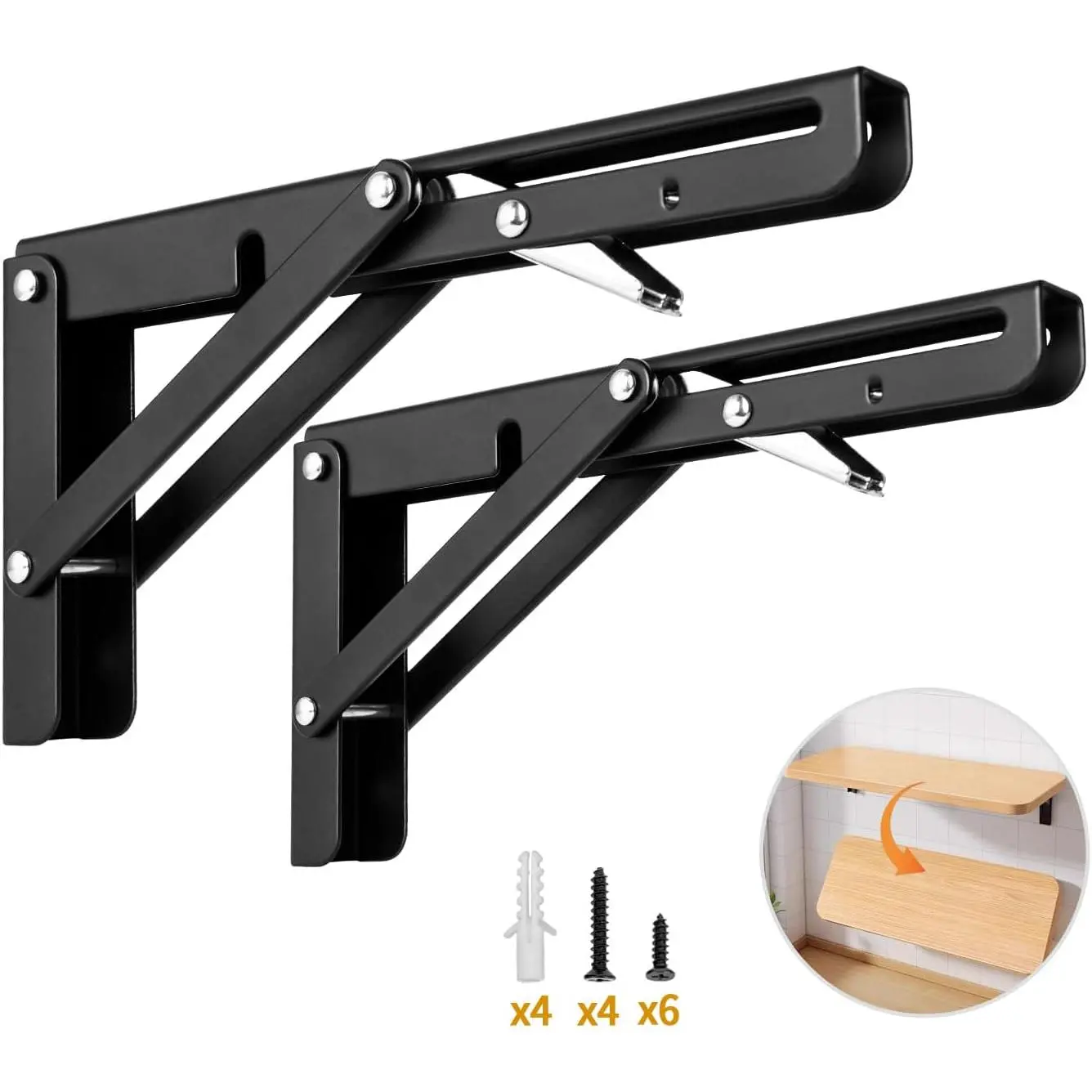 8 Inch Folding Shelf Bracket, 2 Pack Heavy Duty Wall Mounted Foldable Brackets, Space-Saving Metal Collapsible Shelf Brackets, Max Load:180lbs