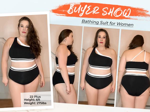 Aqua Eve Women Plus Size High Waisted Bikini One Shoulder Two Piece Swimsuit Color Block Bathing Suits