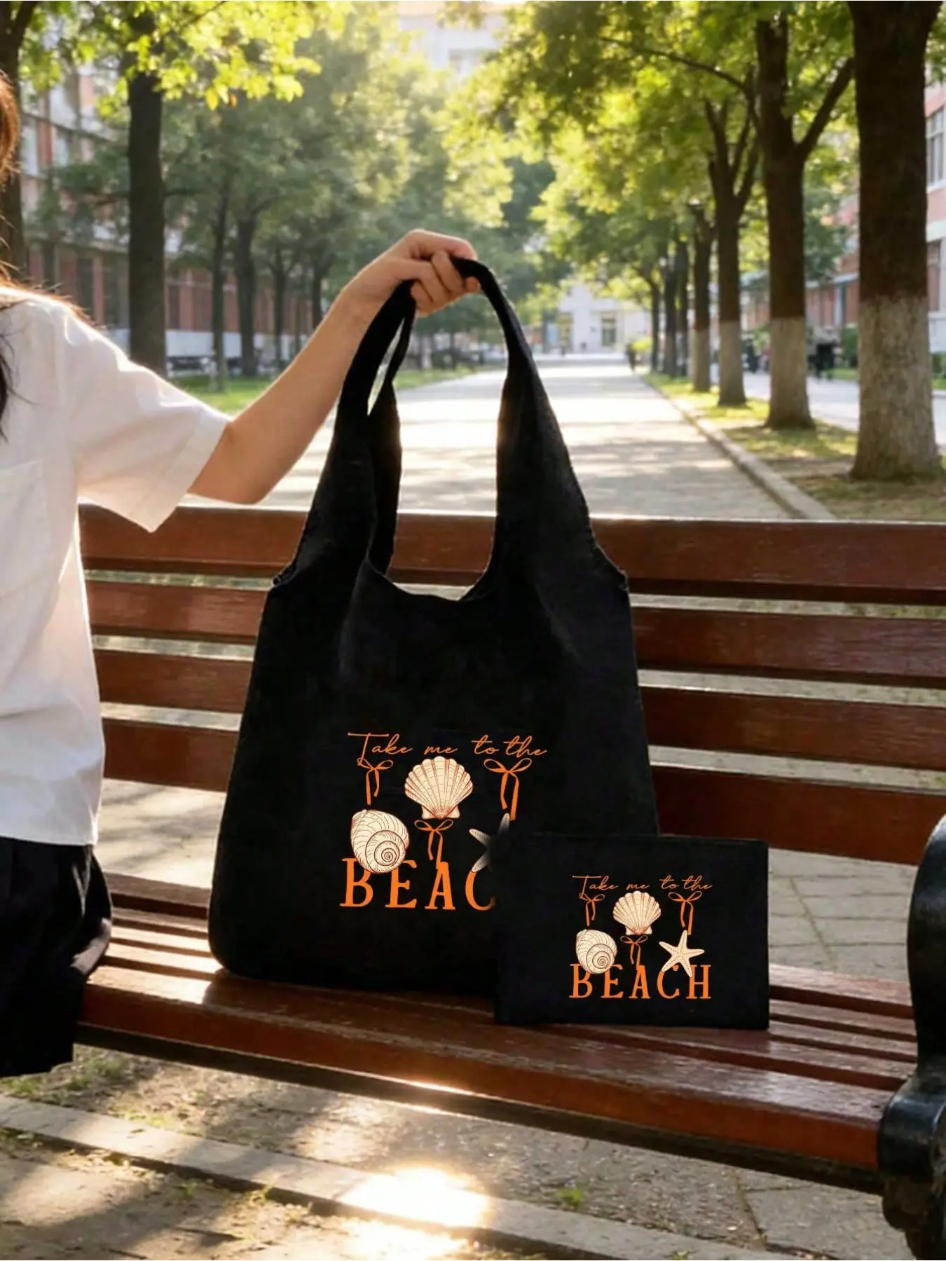Y2K Cute Seashell Print Canvas Tote Bag with Matching Small Pouch, Bow Decor Foldable Shoulder Handbag, Versatile Cosmetic Storage Bag, Personalized Wedding Gift Bag for Bridesmaids & Teachers, Beach Purse