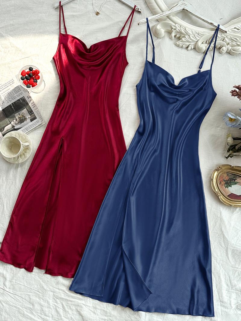 Women's Solid Draped Cowl Neck Cami Nightdress, Casual Comfy Adjustable Spaghetti Strap Nightgown, Ladies Sleepwear for All Seasons, National Day Offers