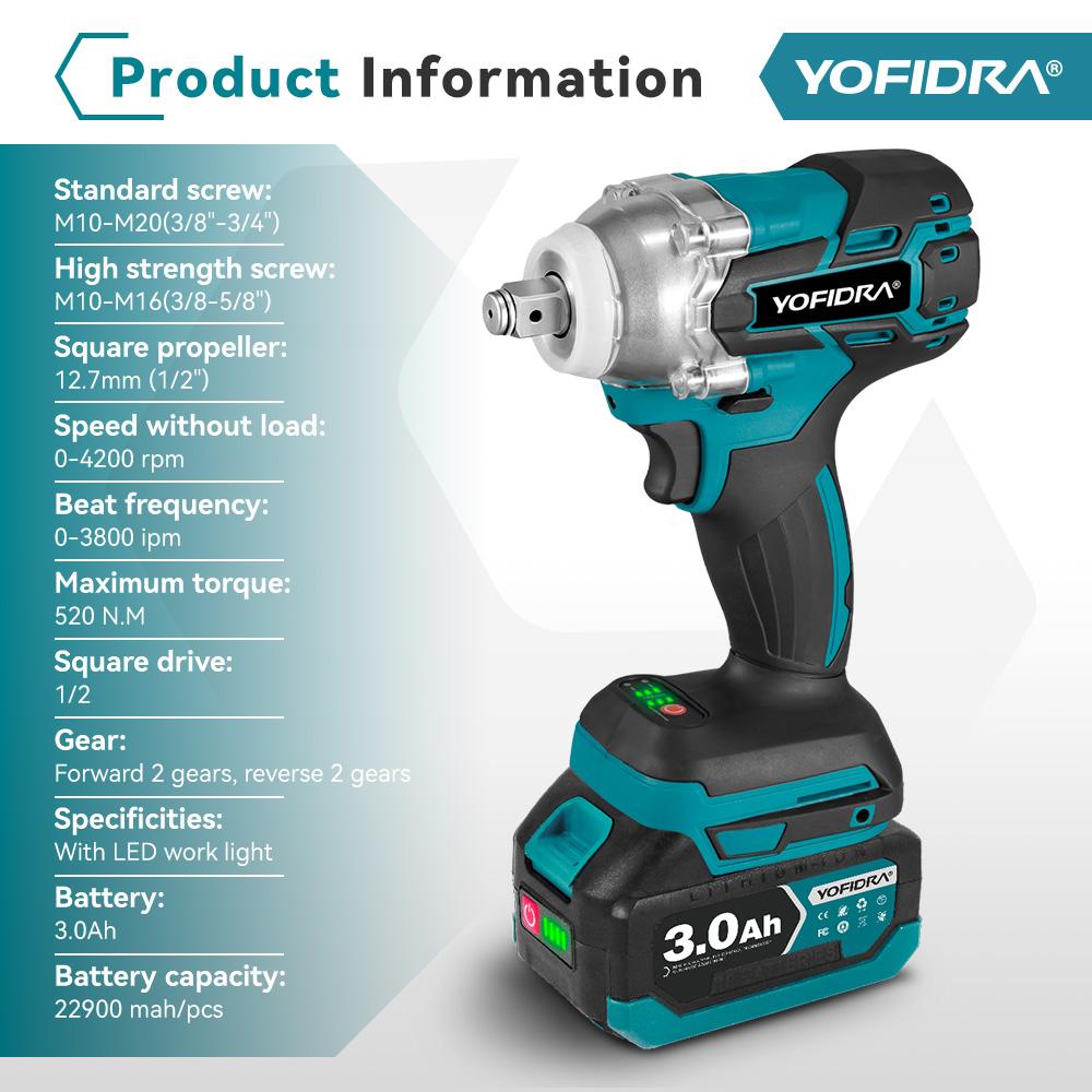 Yofidra Brushless 520N. M Cordless Electric Impact Screwdriver 1/2 Inch Electric Key Screwdriver Repair Tool for Battery 21V 18V Heavy Duty Handle