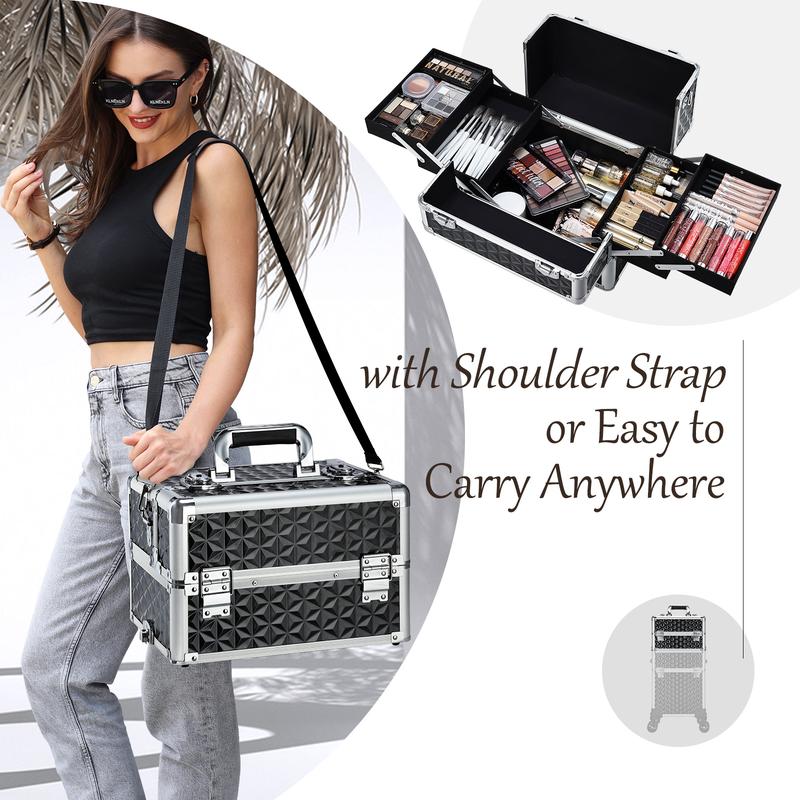 3 in 1 Rolling Makeup Train Case Large Cosmetic Trolley Salon Barber Case for Make Up Hairstylists Nail Tech Aluminum Makeup Trolley Case