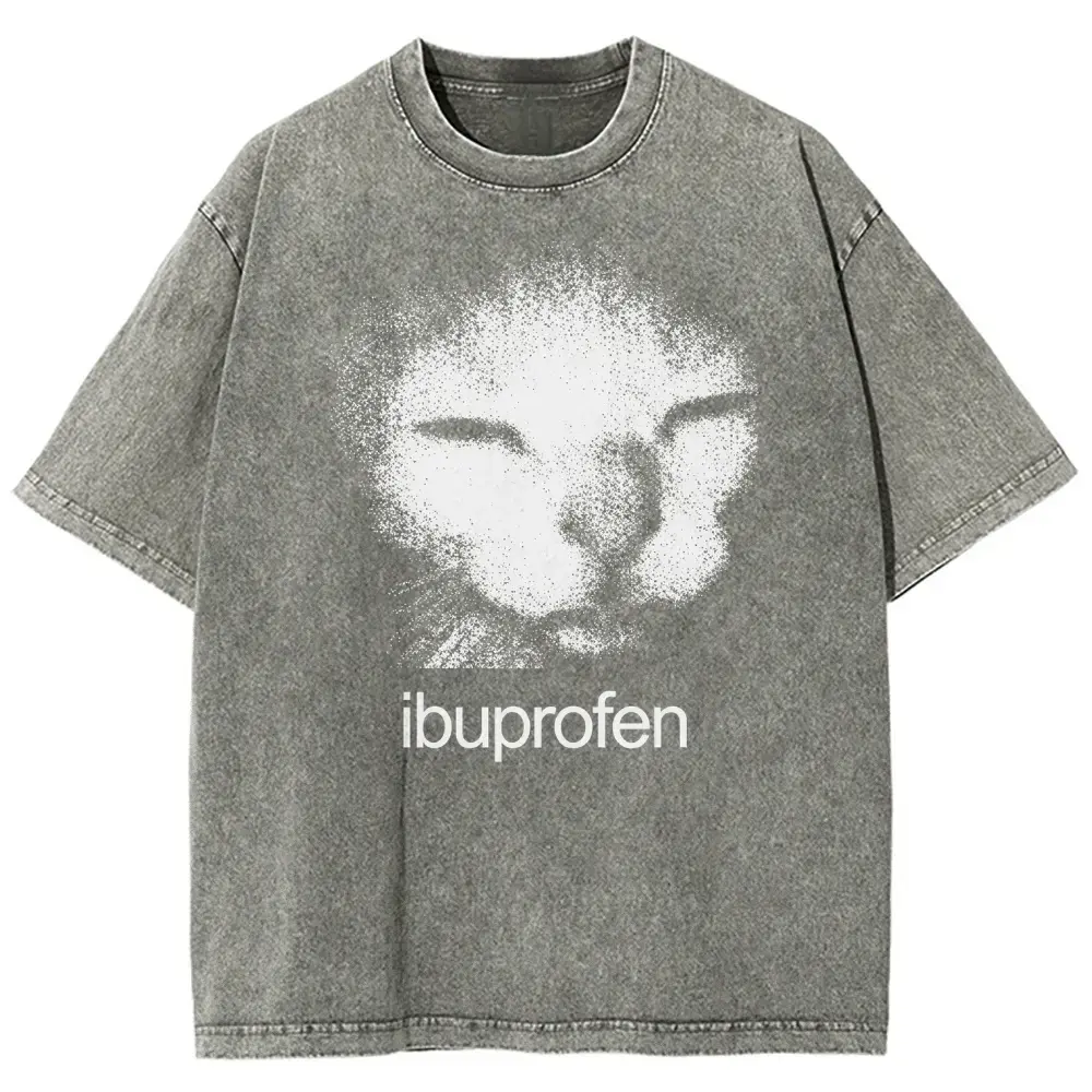 Halftone Sleepy Cat MEME Graphic Tee – Oversized Washed Vintage Black Y2K Streetwear Summer Top for Unisex, 100% Soft Cotton