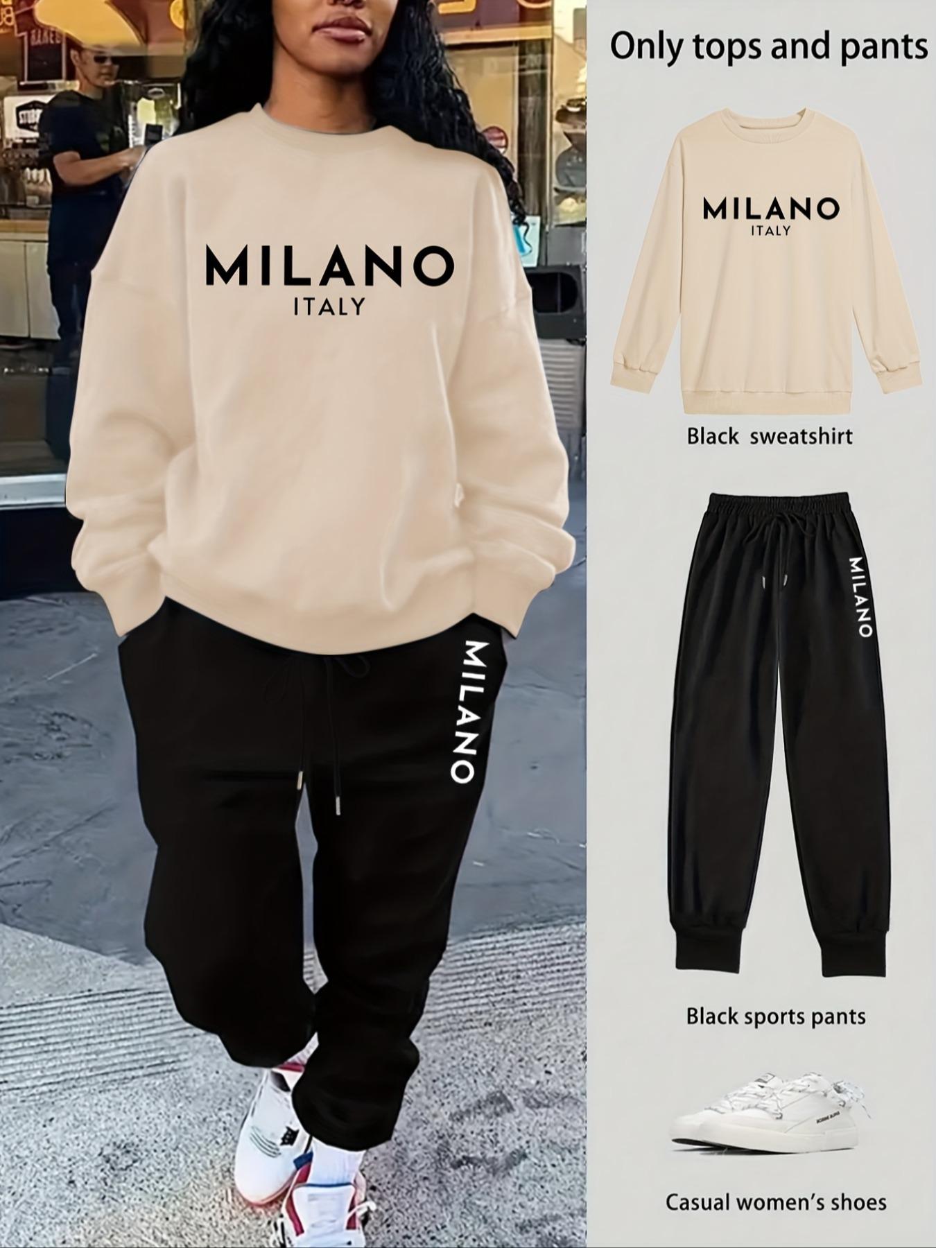 Women's 2-Piece Sweatshirt Set, Milano Letter Print, Long Sleeve Round Neck, Fitted, Drawstring Pants, Casual Fall Winter