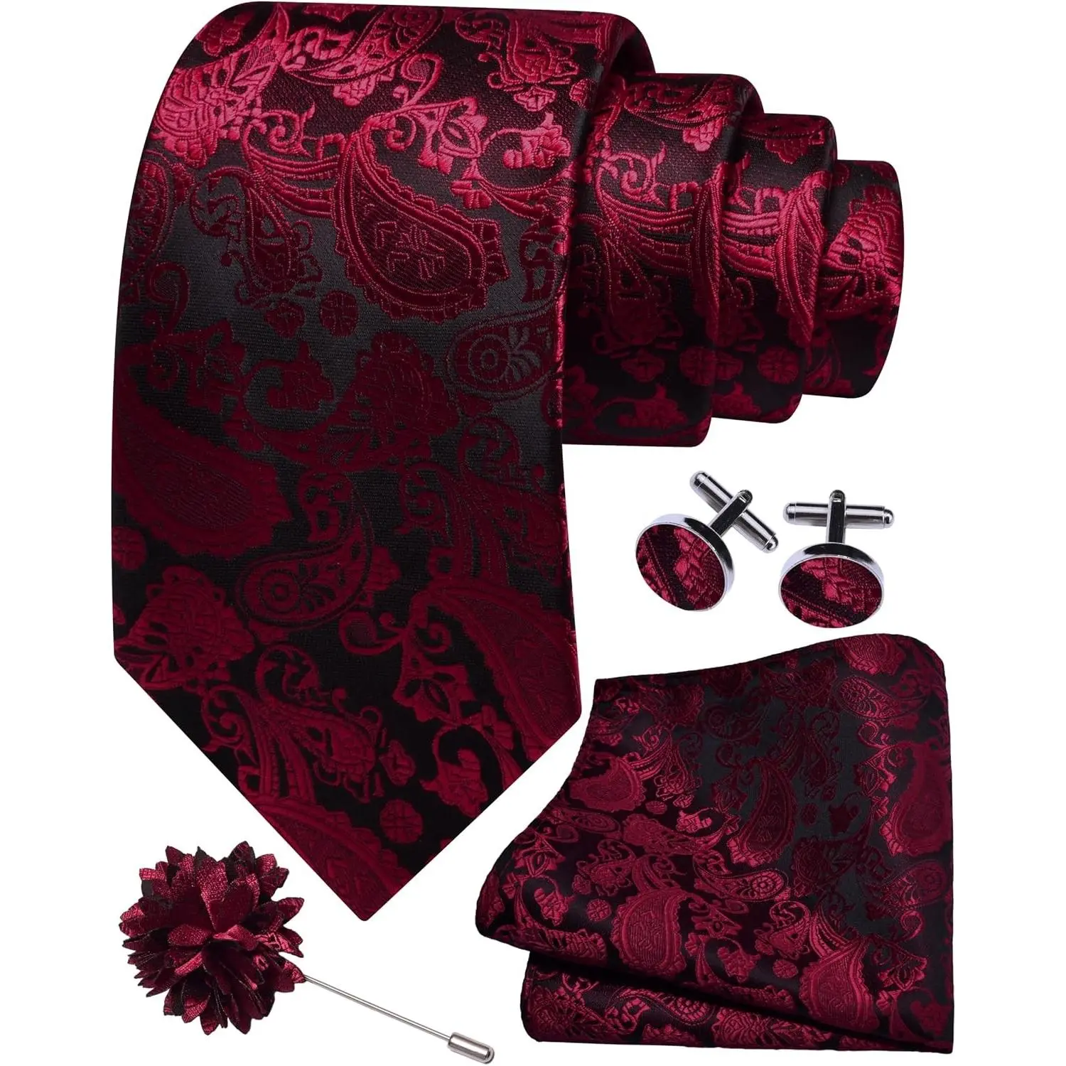 3.15"（8cm） Mens Paisley Tie and Lapel Pin Necktie Hankerchief Cufflinks Set for Men