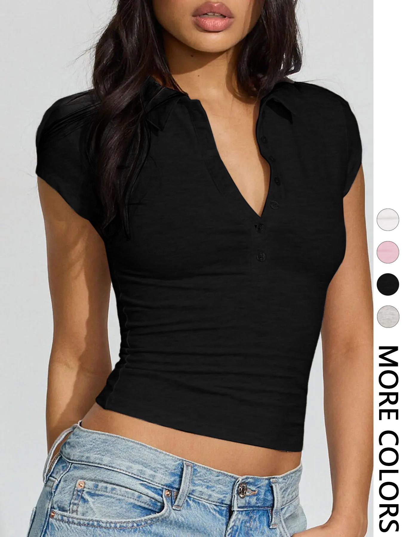 Fashionable Solid Color Comfortable Slim-Fit V-Neck Button Short Sleeve Polo Shirt Top, Stylish Casual Wear for Men, Perfect for Any Occasion