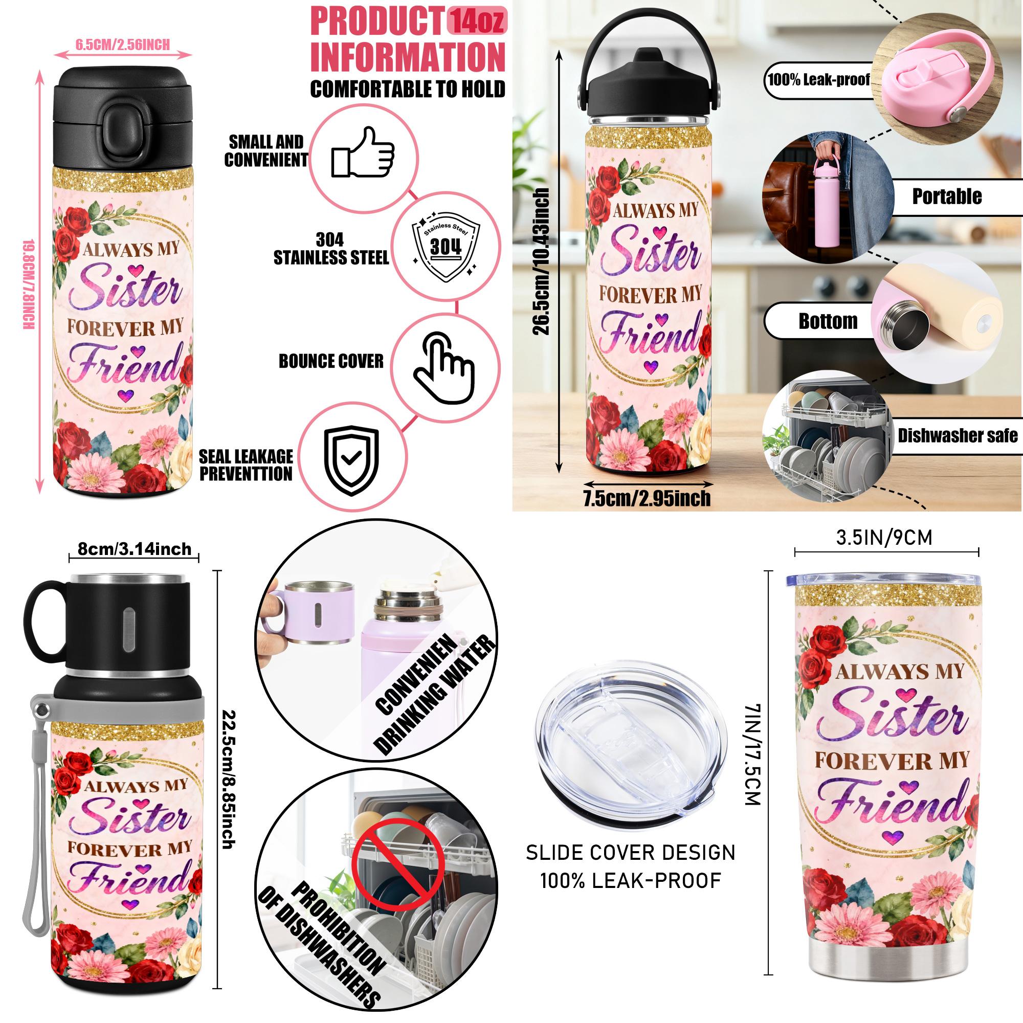 Stainless Steel Insulated Tumbler, Leak Resistant Tumbler, Drinkware Tumbler, 1 Pc 40 oz/30 oz/22 oz Water Bottle, Always My Sister Forever My Friend Floral Design, Double-Layer Leakproof Large-Capacity Cup for Gym, Hiking and Travel