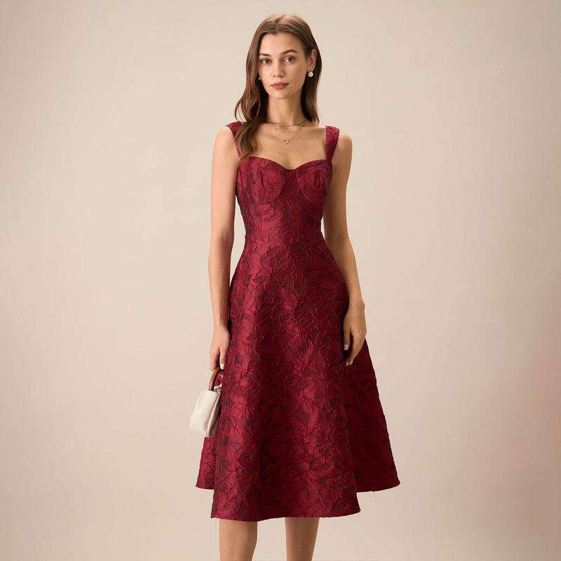 RIHOAS The Red Sweetheart Neck Jacquard Floral  Dress, Elegant Collar Sleeveless Dress, Women's Clothing Midi Dress Womenswear Casual