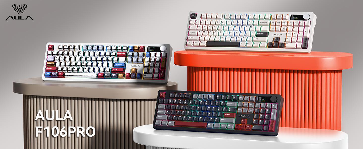 AULA F106 PRO Wireless Mechanical Keyboard,Full Size Gaming Keyboard with Hot Swappable Knob & Screen,Tri-Mode RGB Backlit with 8000mAh for PC/Laptop/Windows