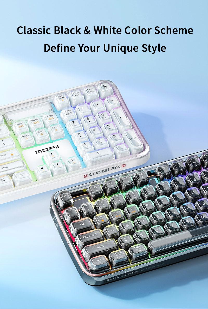 MOFii 708 RGB Backlit Full-Size Keyboard, Stylish White Transparent Keycaps, Tri-Mode Rechargeable, US Qwerty, Compatible with Phones & Tablets, Must-Have for Office & Gaming