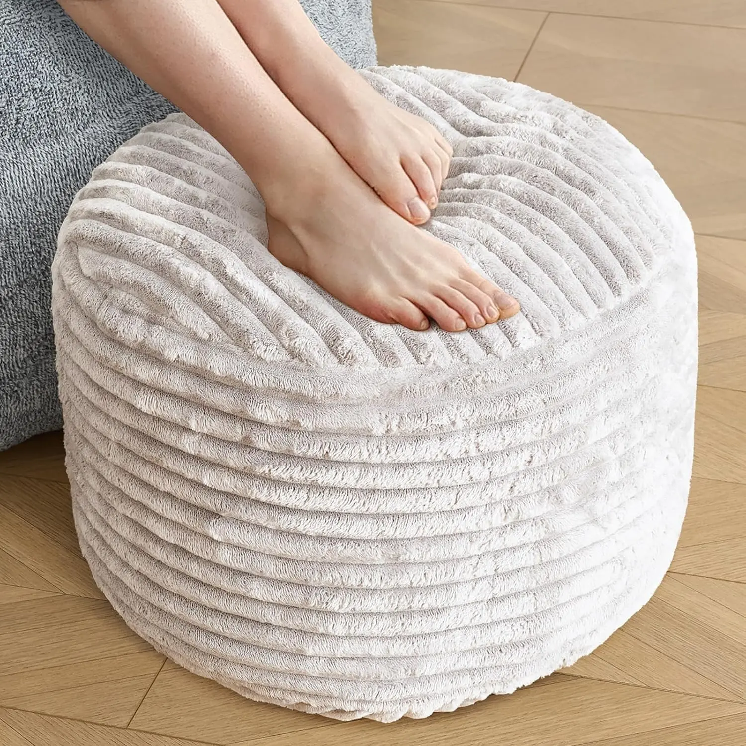 Stuffed Round Ottoman,Corduroy Pouf Ottoman Foot Rest,20 X 15 in,Beige | Memory Foam Filling,Pouf Storage Ottoman Footstool for Living Room,20 X 15 Floor Poufs for Couch,Footrest Only