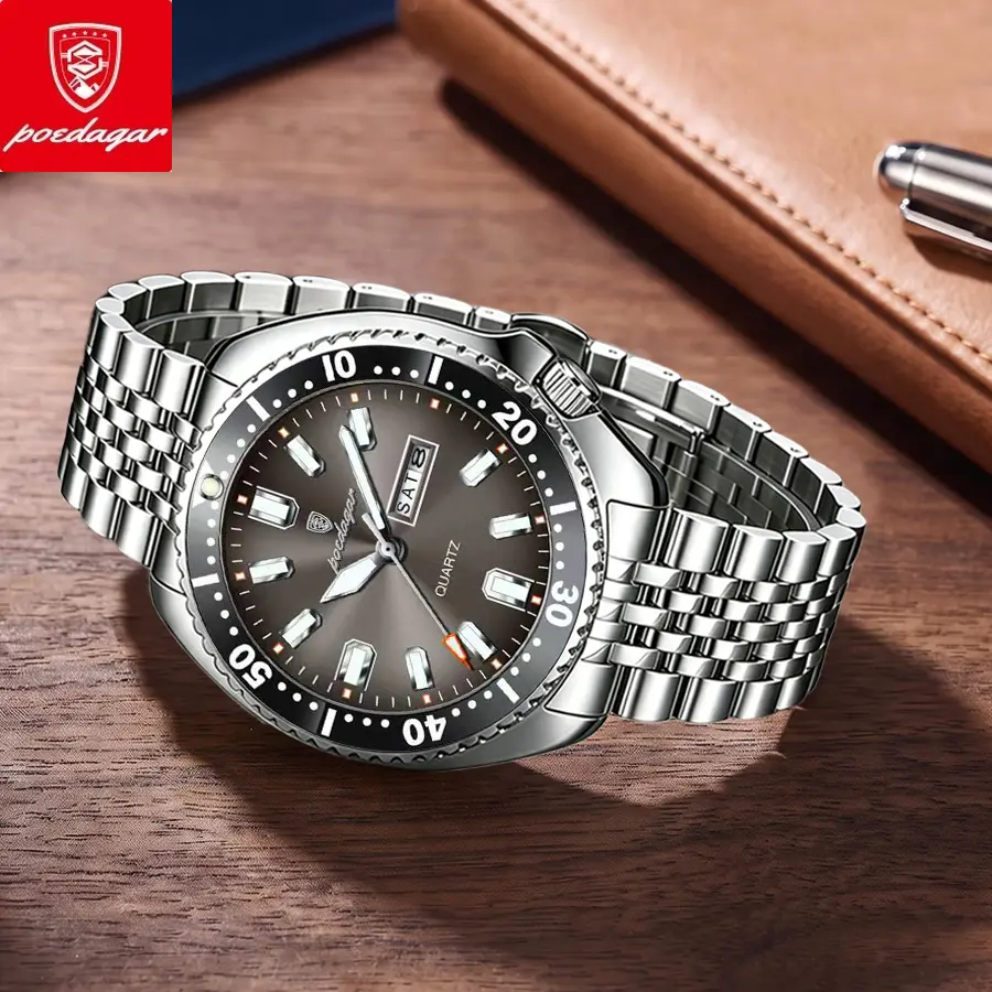 Poedagar Luxury Fashion Men's Watch Business Style Stainless Steel Quartz Wristwatch with Date, Week Display, Waterproof, and Luminous Features, Luxury Fashion Men's Watches