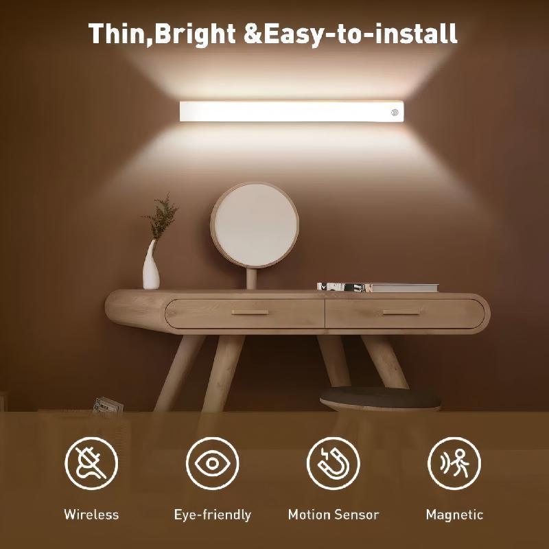 Smart Motion Sensor LED Strip Light, Wireless Magnetic Self-Adhesive Installation, USB Rechargeable Cabinet Drawer Night Light