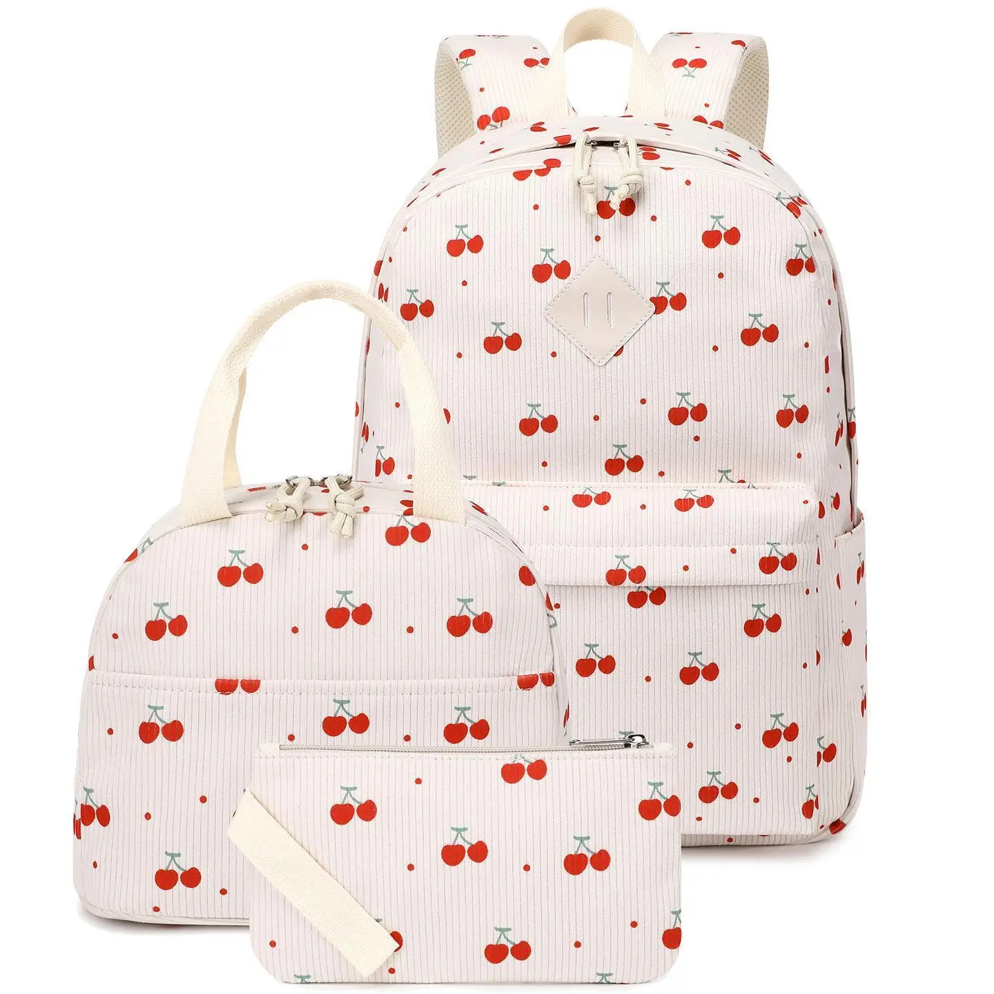 3Pcs Corduroy Cherry Print Backpack Set for Teen Girls Women, Lightweight Striped Large Capacity Casual Daypack, Soft Skin-Friendly Student Backpack Complete Combo with Handheld Lunch Tote Bag & Matching Zipper Pencil Pouch for School Travel Daily
