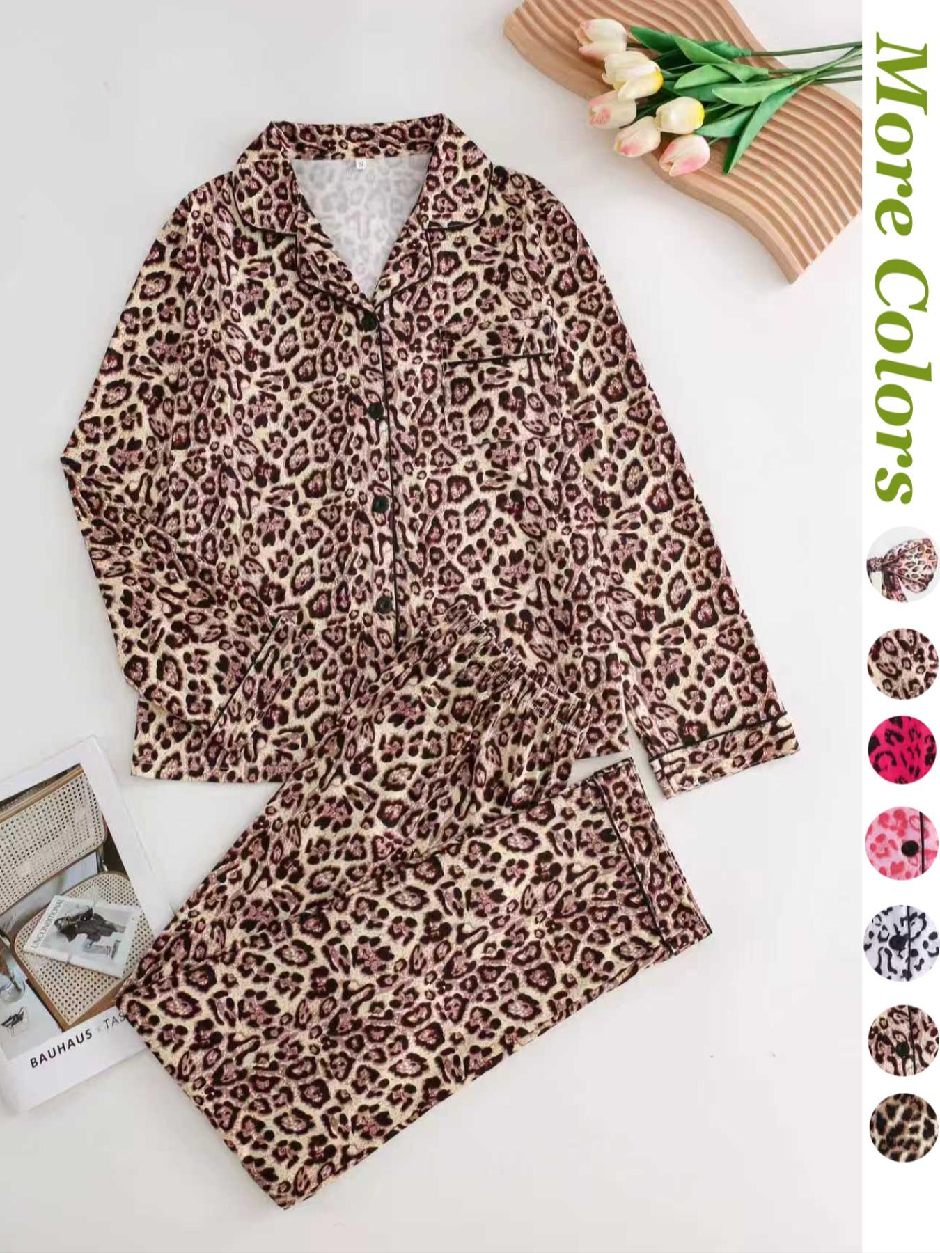 Women's Leopard Print Button Front Pocket Lapel Shirt & Elastic Waist Pants Pyjama Two-piece Set, Casual Comfy Pocket Long Sleeve Top & Trousers Pj Set, Women's Sleepwear for Spring & Fall, Loungewear Set Women, Leopard Print Pajamas
