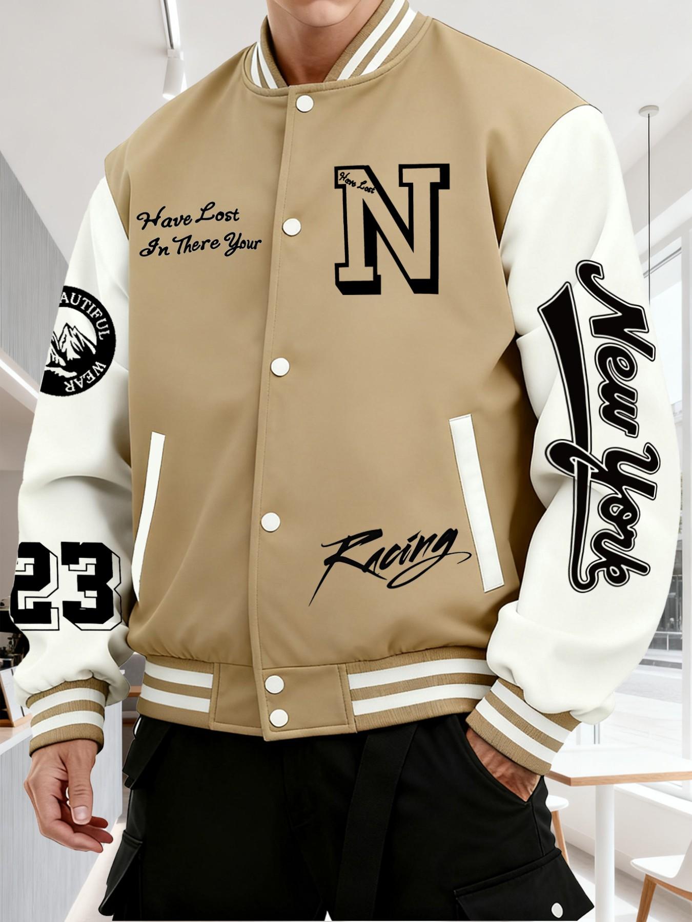Men's Baseball Jacket N Letter Print, Button Closure Stretchable Fabric, Casual Daily Wear, Pockets, Long Sleeve, Comfortable Lining