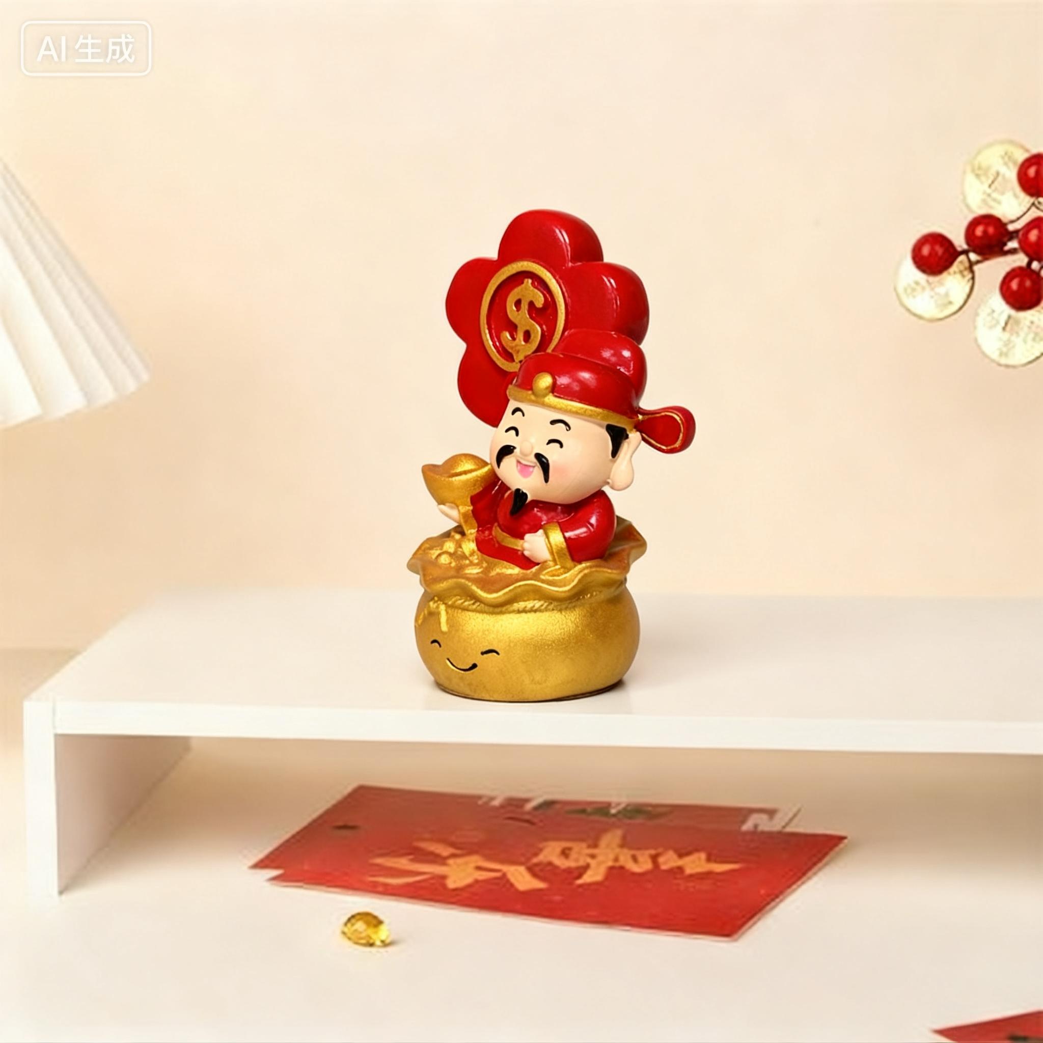 Cute Mini Resin Fortune God Figurine, Traditional, Holding Yuan Bao Money Bag, Desk/counter/car Use, Attracts Wealth
