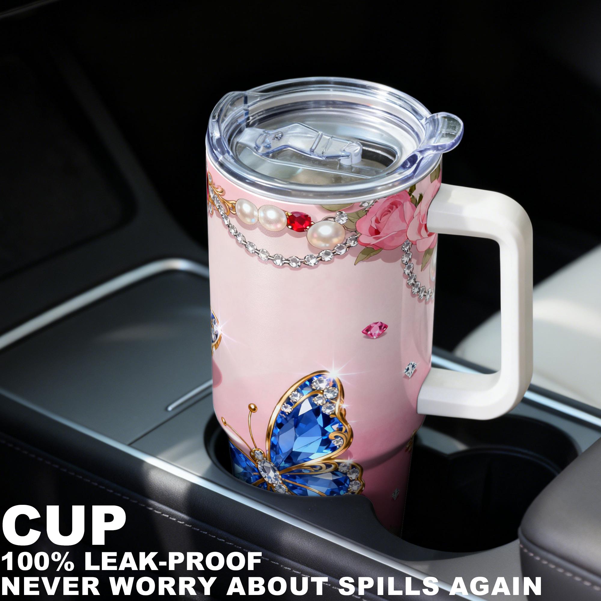 1pc, 40oz/30oz/20oz/14oz Stainless Steel Cup Insulated Water Cup Blue Gem Butterfly & Rose Adorned Double Wall Vacuum Insulated Cup, Leakproof Lid & Carry Handle Travel Mug Insulated Tumbler for Outdoor Camping Hiking, Gift for Dad