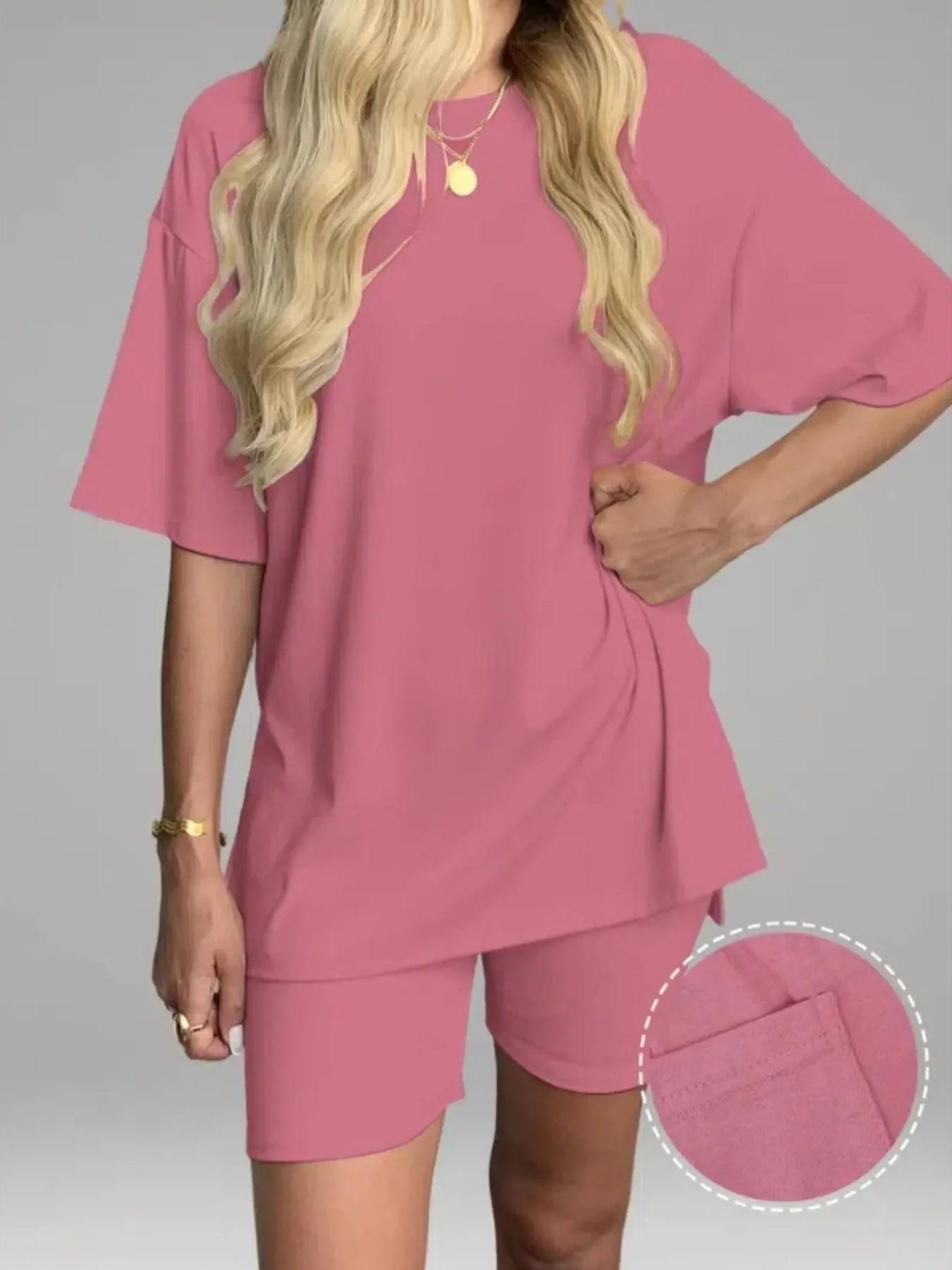 Women's Solid Color T-Shirt and Tight Shorts Set, Summer Comfort Round Neck Pajamas Loungewear, Nightwear, Pocket Design, Suitable for Outdoor Wear