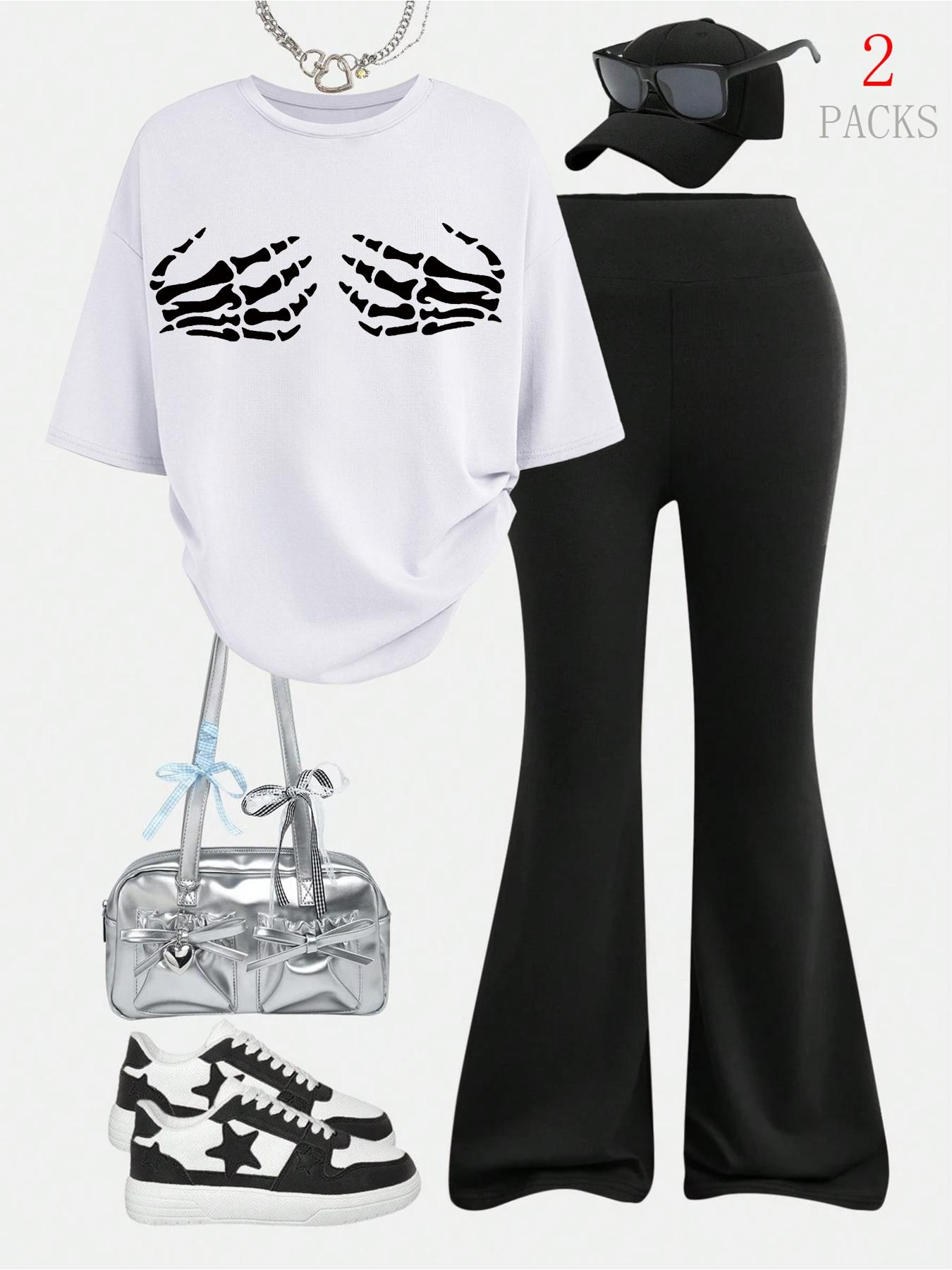 Women's Loose Casual Round Neck Short Sleeve Top, Slim Fit Bell Bottoms, Skull Print, Perfect for All Seasons, Shopping, Travel, Outdoor Sports