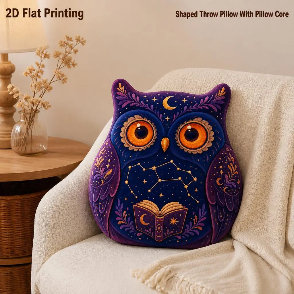 Mystical Constellation Owl Shaped Throw Pillow 15.75in, Decorative Cushion with Pillow Insert, Soft Polyester Celestial Star Moon Pattern Pillow for Sofa Bedroom Living Room, Unique Home Ornament & Lovely Gift