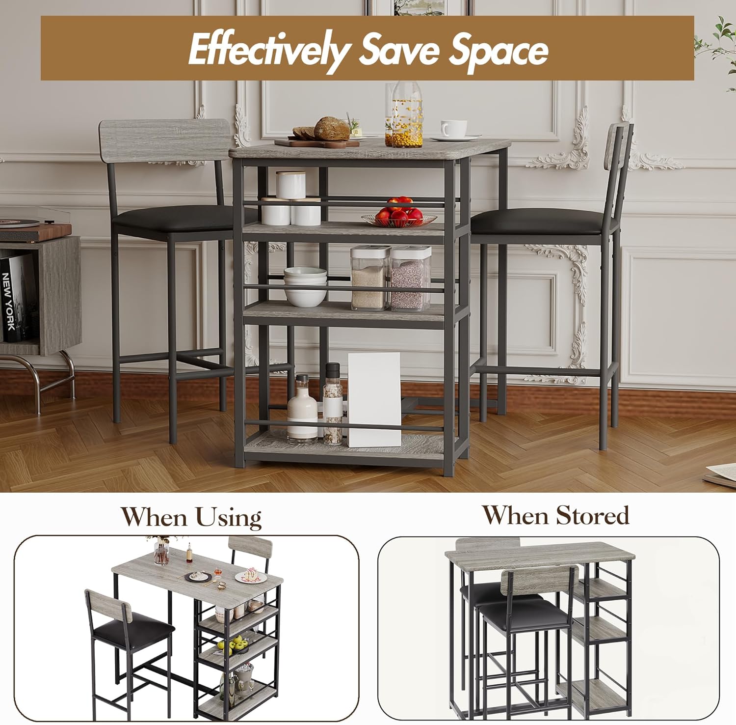 3-Piece Double Bar Table Set with 3-Tier Storage Shelves, Compact Kitchen Dining Table Set with 2 Upholstered Stools, Space-Saving Breakfast Nook for Kitchens, Taverns, Apartments 3-Piece Double Bar Table Set with 3-Tier Storage Shelves, Compact Kitchen Dining Table Set with 2 Upholstered Stools, Space-Saving Breakfast Nook for Kitchens, Taverns, Apartments