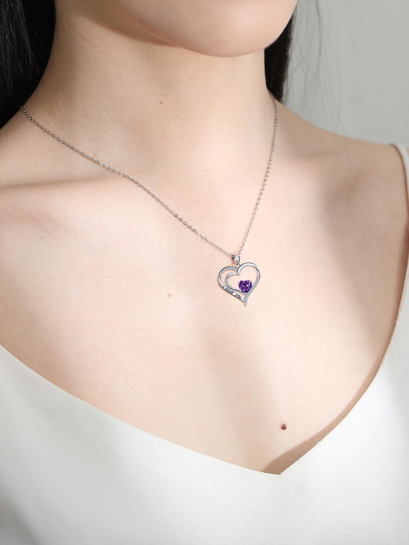 Heart Shaped Cz Birthstone Necklace, I Love You Pendant, Mos Bear Rose Jewelry Gift Box, Girlfriend Birthday Anniversary Present, Exquisite Jewelry Gift