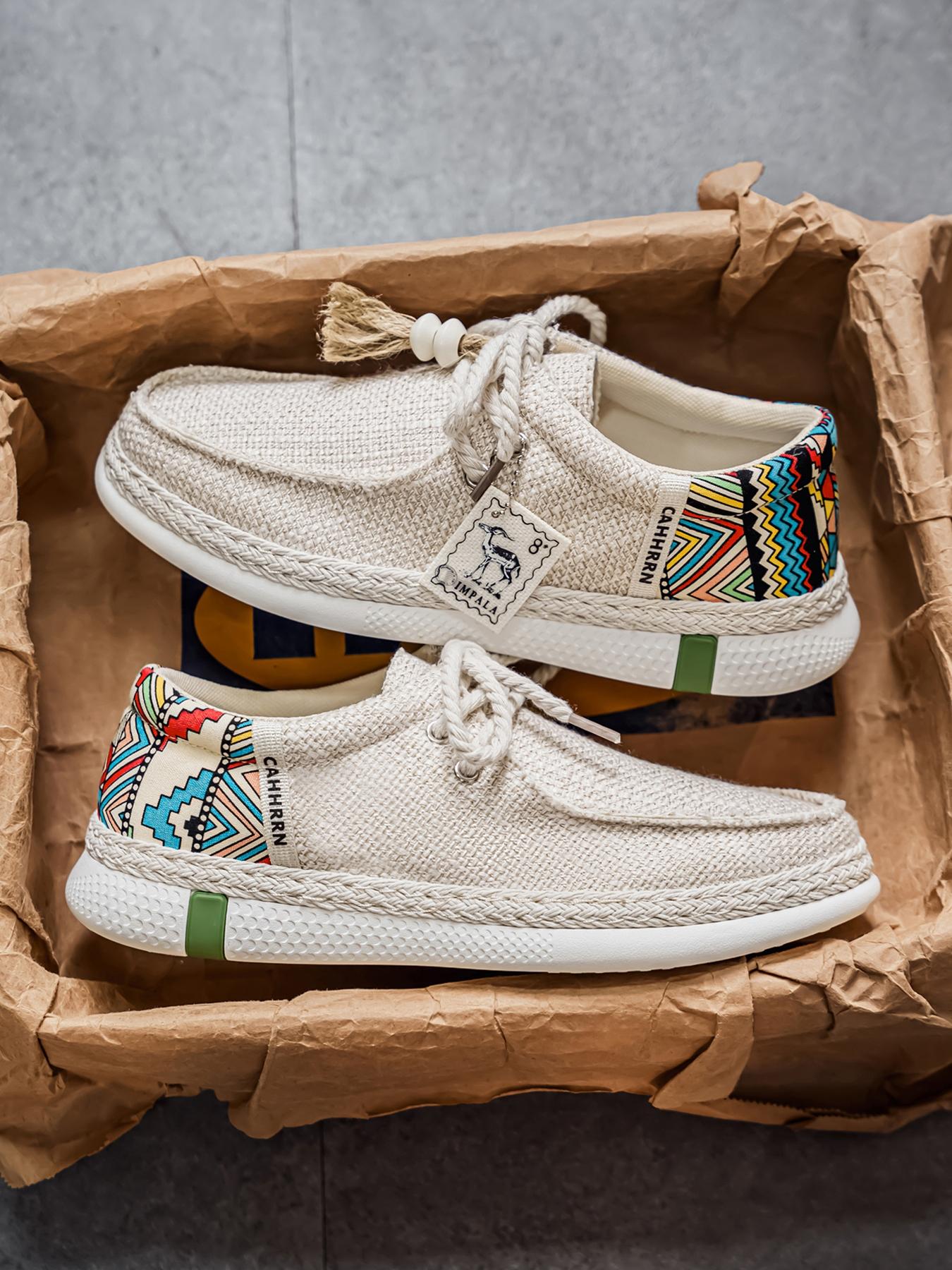 Summer New Men's Linen Shoes, Breathable Non-Stuffy, Colorblock Geometric Pattern, Fringe Decor, Retro Ethnic Style, Comfortable Thick Sole