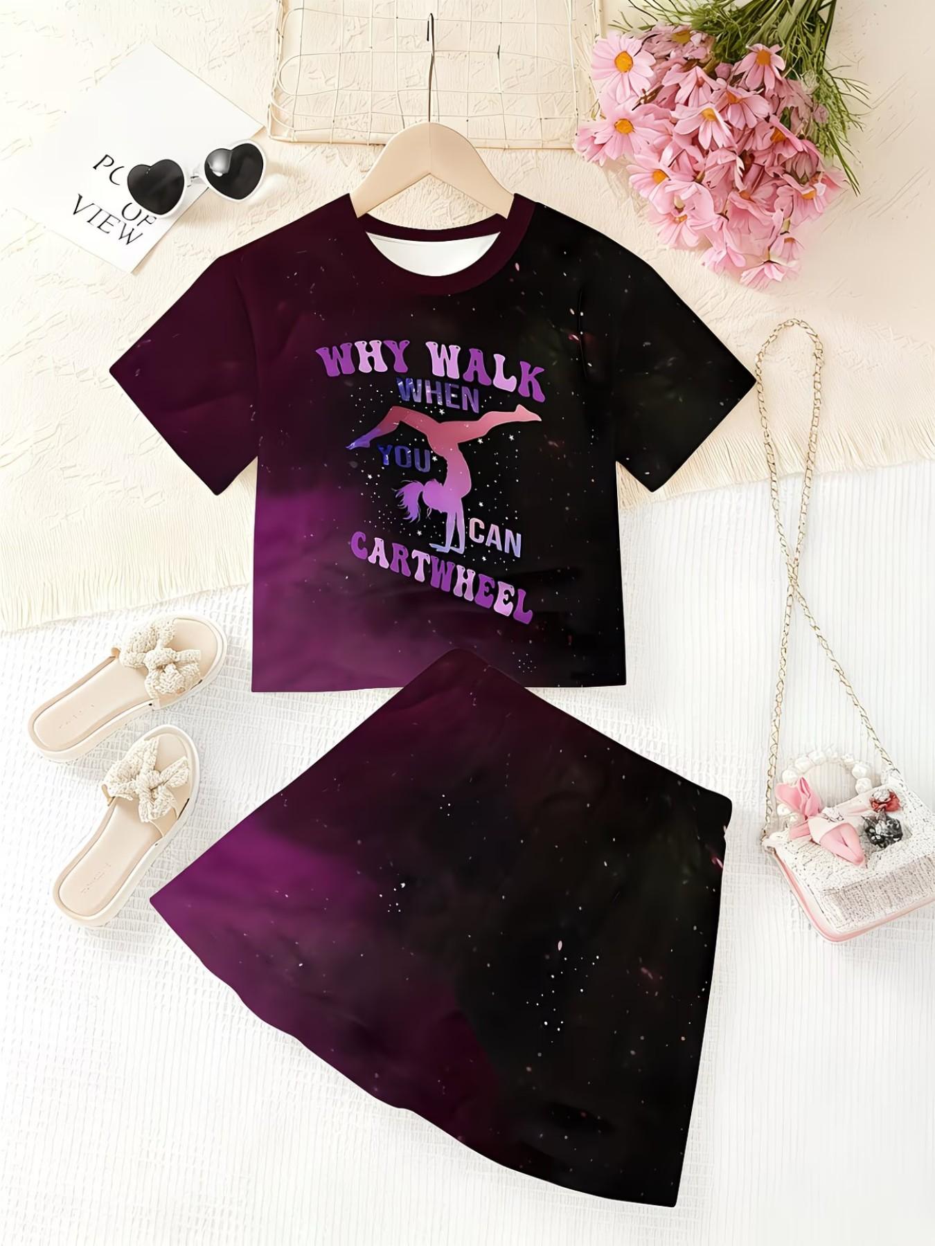 Girls' 3D Printed Gymnastics Pattern Top and Skirt Set, Casual Slim-Fitting Summer, Round Neck Short Sleeve, Daily Wear