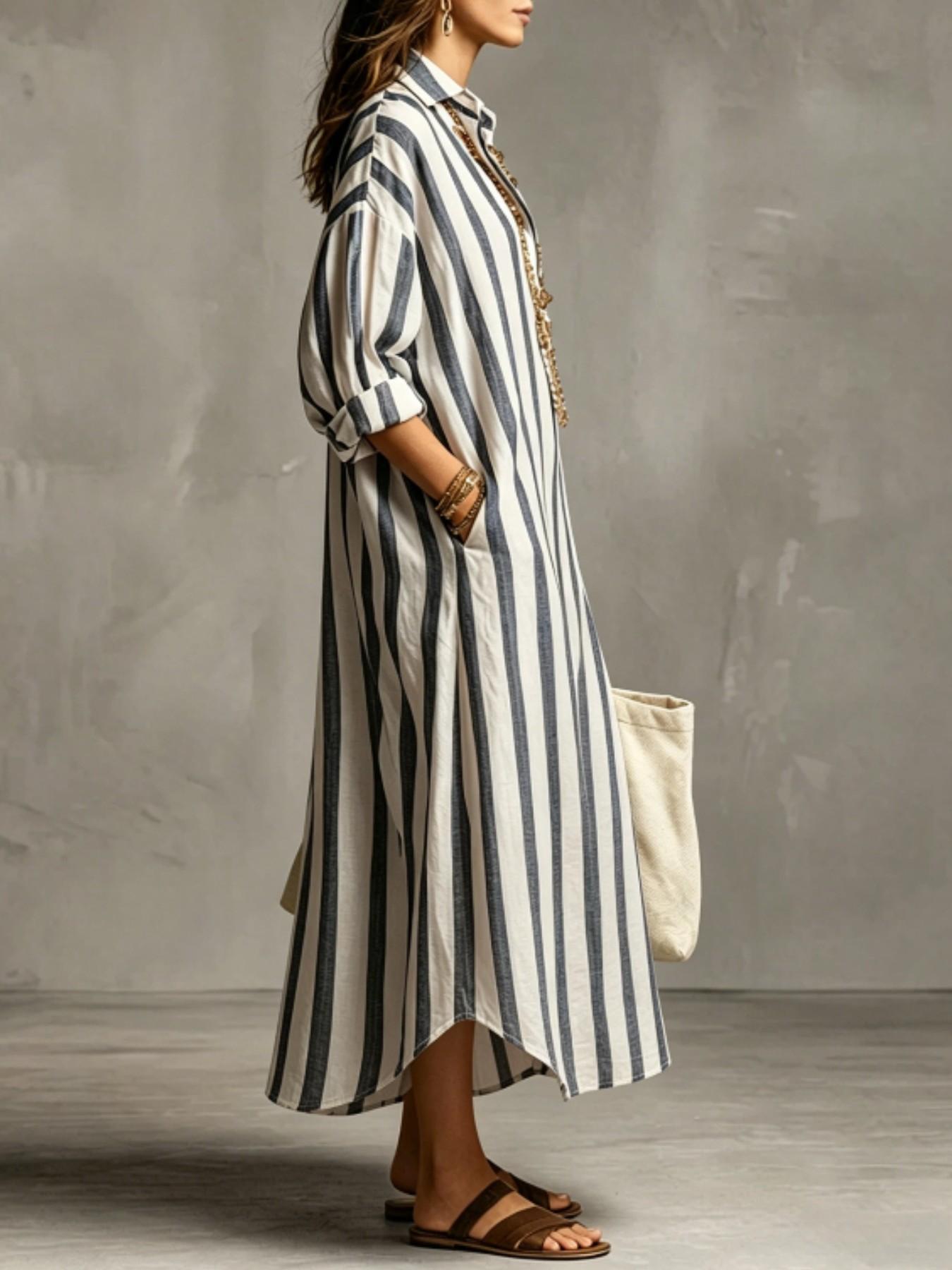 Summer Lightweight Loose Striped Long Shirt Dress, Casual Dress, Women's Comfortable Stylish Collared Three-Quarter Sleeve Pocket Dress, Comfortable and Stylish