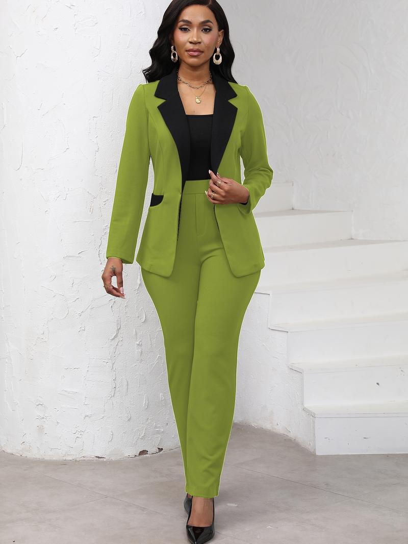 Women's Colorblock Blazer & Straight Leg Pants Set Suits, Elegant Two-piece Set for Work Office Business, Ladies Clothes for All Seasons Women's Colorblock Blazer & Straight Leg Pants Set Suits, Elegant Two-piece Set for Work Office Business, Ladies Clothes for All Seasons