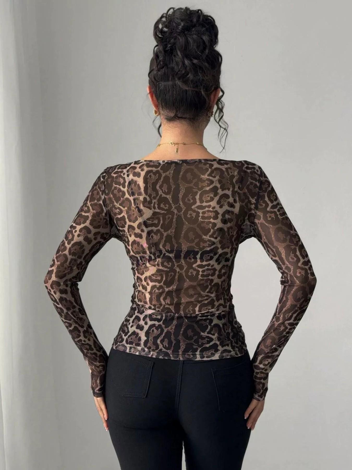Women's Leopard Print Mesh Round Neck Long Sleeve Top, High Elasticity Fitted Shirt, Casual All-Season Wear, Multi-Purpose Base Layer