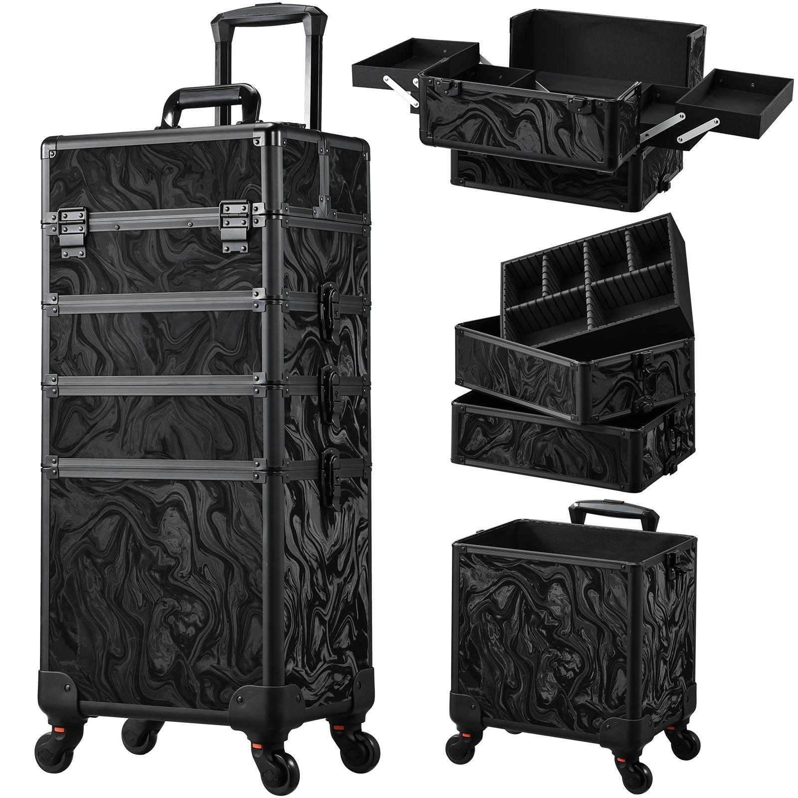 Joligrace 4 in 1 Rolling Makeup Train Case Large Cosmetic Trolley Box with Key Swivel Wheels Salon Barber Case