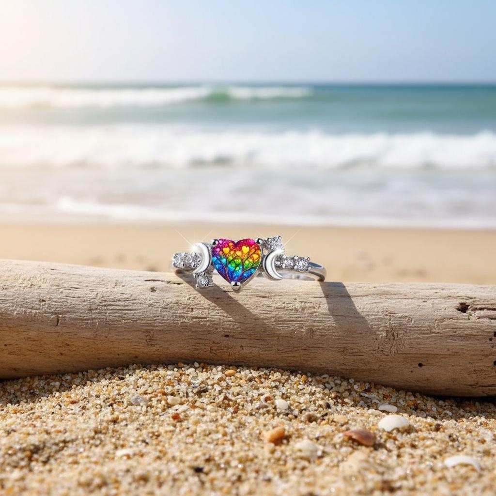Rainbow Tree of Life Love Ring, featuring a design with double crescent moon and surrounded by broken diamonds, a niche and healing accessory with colorful love heart veins, symbolizing vitality and suitable as a gift jewelry, Bohemian Fashion Ring