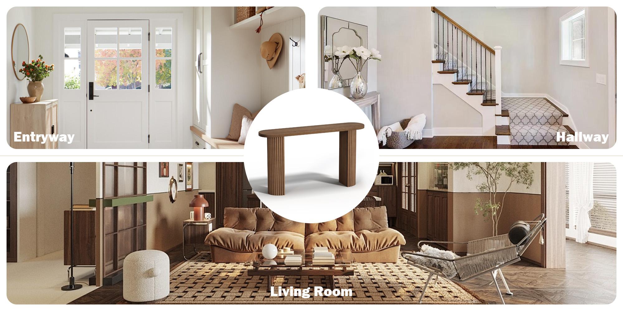 Fluted Solid Wood Console Table Farmhouse Entryway Table with Rounded Corners, Morden Sofa Tables Behind Couch for Foyer, Entrance, Living Room, Hallway