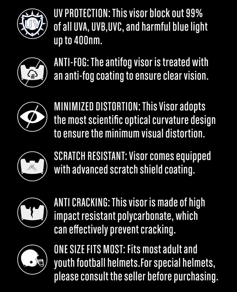 Football Visor, visor for helmet football，football accessories，football gear，REVO chrome color process,Flat Lens Technology,Anti-glare and UV protection,Fits Youth and Adult Football Helmets adaptation Schutt F7 Riddell SpeedFlex