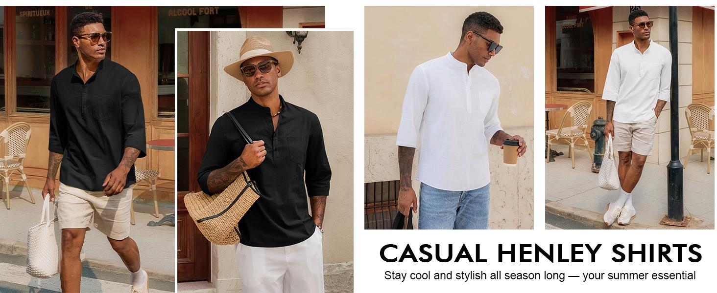 Runcati Mens Casual Henley Shirts 3/4 Sleeve Band Collar Cotton Linen Shirt Summer Beach Hippie T-Shirts with Pocket