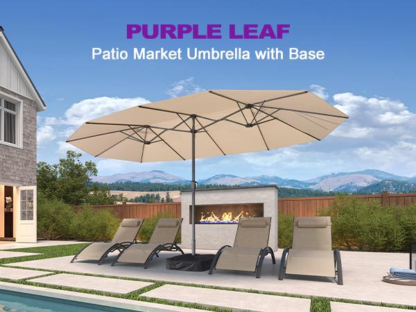 PURPLE LEAF 15 ft Double-Sided Outdoor Market Table Umbrella with Base for Pool