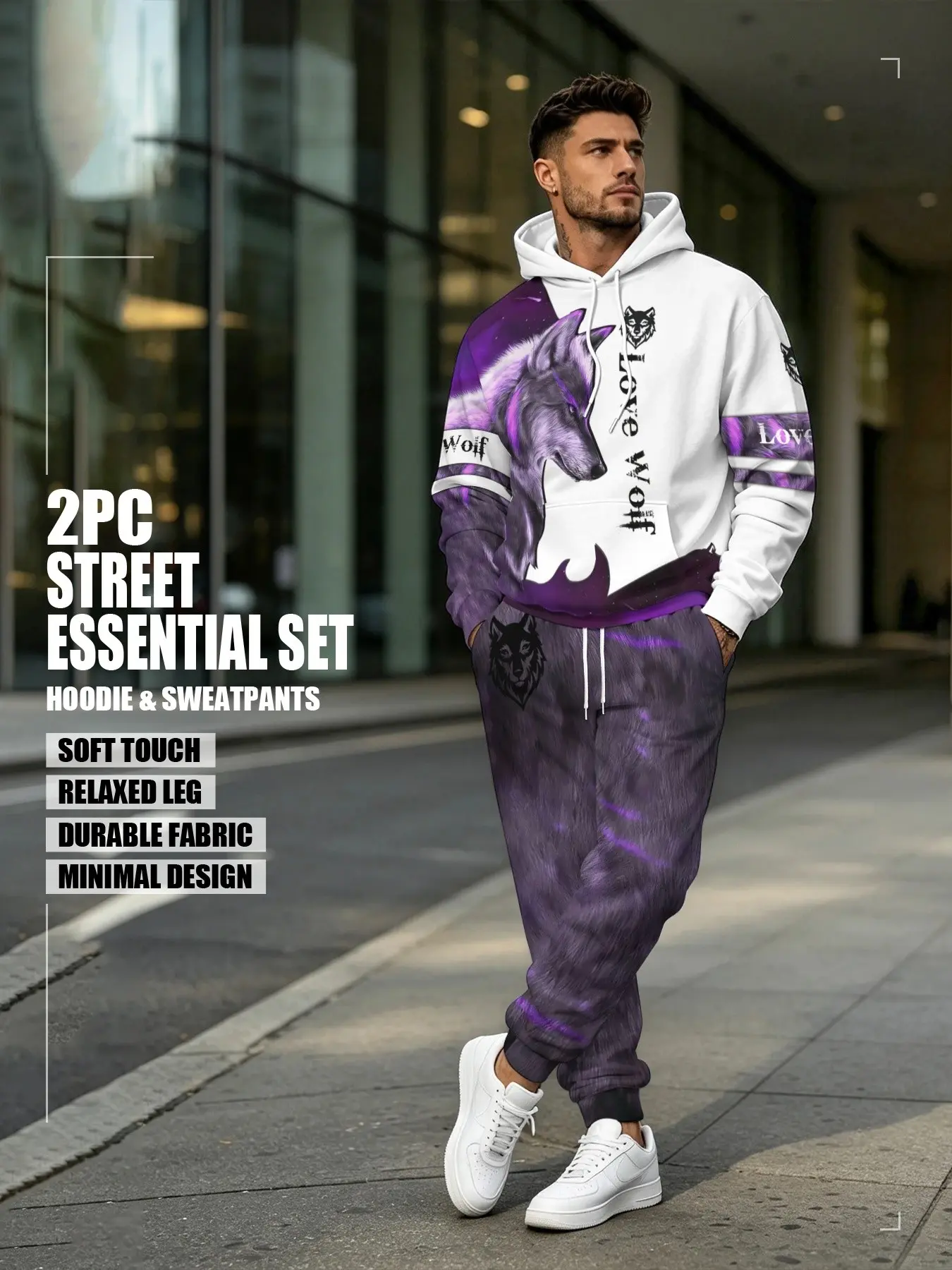 Men's Wild Wolf Print Hoodie Set, Long Sleeves, Comfortable Polyester Fabric, Perfect for Spring & Fall, Sporty Style, Sportswear Street Style