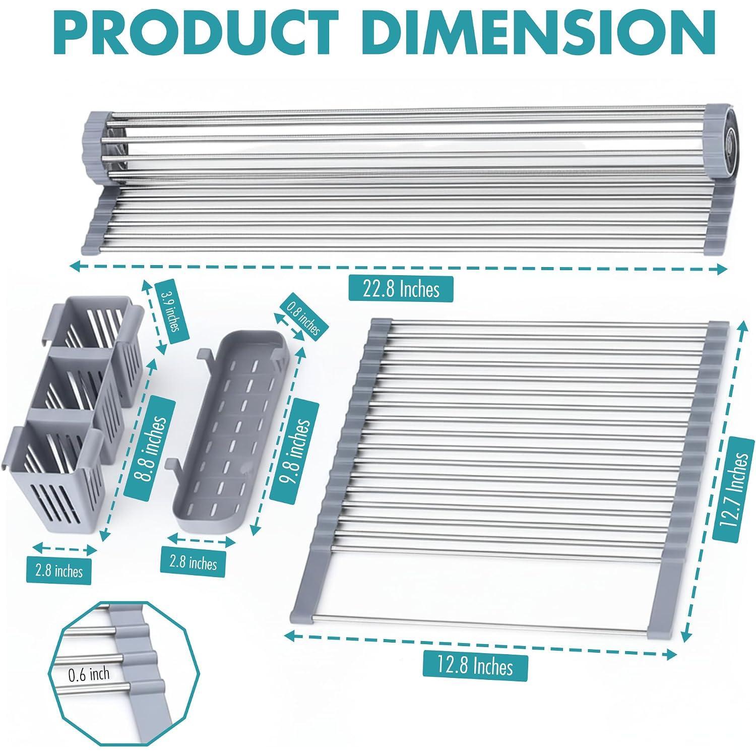 ™ Expandable Roll Up Dish Drying Rack for Small Sinks - Expandable 12.8 to 22.8 Inch Over Sink Rack, Fits Apartments, RVs and Office Kitchens, Stainless Steel, 2 Baskets