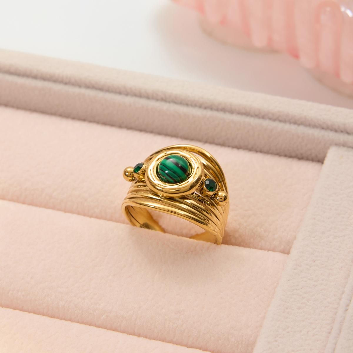This Lady s Ring Set Can Be Stacked With Malachite Featuring Multiple Layers Of Hollowed Out Openings Adjustable Stainless Steel 18k Gold Plating Water Resistance Allergy Resistance And Retro Quality For Banquet Jewelry