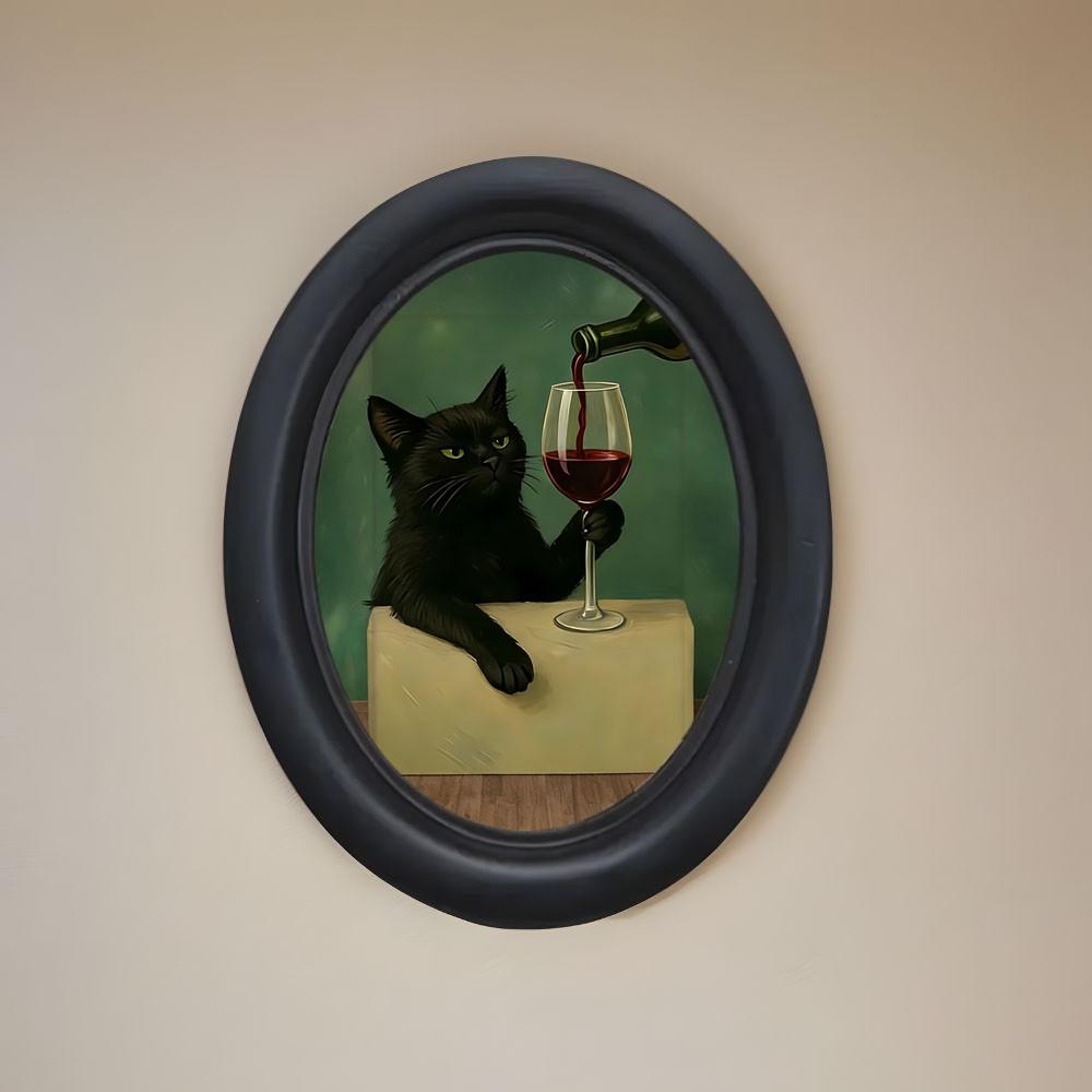 Whimsical Framed Cat Wall Decor with Wine, Unique Mini Wooden Hanging Art, Perfect Gift for Cat Lovers & Kitchen Decor