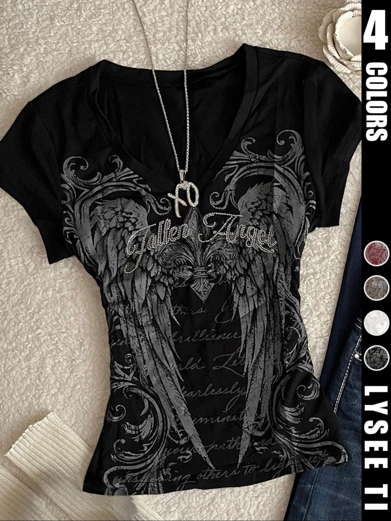 26 Valentine's Day wing print retro y2k trendy fashion women's V-neck short sleeved T-shirt