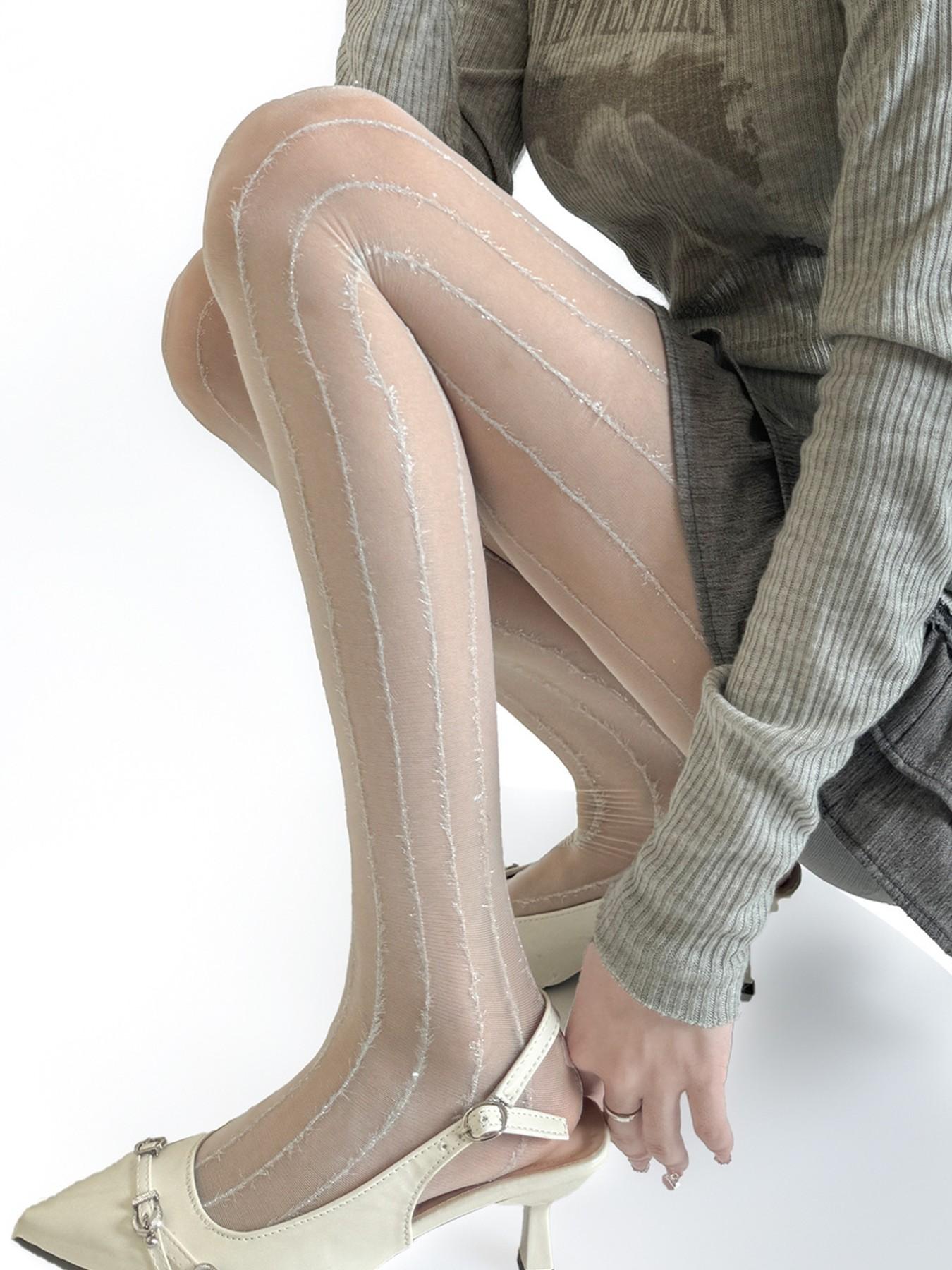 Shiny Silver Color Vertical Stripe Stockings, Slimming Mesh Underwear, Elegant Fitted Design, Women's Fashion Accessories